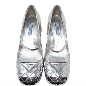 NEW PRADA Venice Metallic Silver Mary Jane Leather Heel Size EU 38